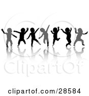 Seven Black Silhouetted Dancing Babies On White With Reflections