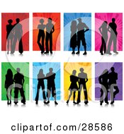 Poster, Art Print Of Set Of Eight Black Silhouetted Couples Posing Against Red Orange Blue Pink Green Yellow And Purple Backgrounds