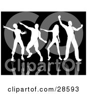 Poster, Art Print Of Four White Silhouetted People With Reflections Dancing Over A Black Background