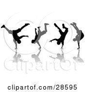 Black Silhouetted Man Break Dancing Shown In Four Poses With Reflections