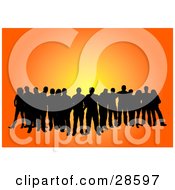 Clipart Illustration Of A Group Of Black Silhouetted People Standing Over An Orange Background