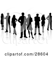 Clipart Illustration Of A Group Of Professional Business Colleagues Silhouetted In Black With Reflections Over White by KJ Pargeter