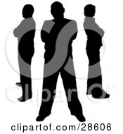 Clipart Illustration Of Three Black Silhouetted People Standing With Their Arms Crossed Over White