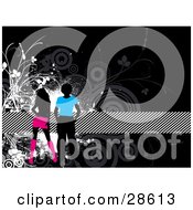 Poster, Art Print Of Two Black Silhouetted People In Blue And Pink Clothes Over A Black Background With Gray And Black Circles And Vines And A Striped Band
