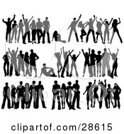 Clipart Illustration Of A Set Of Seven Black Silhouetted People In Groups Over White