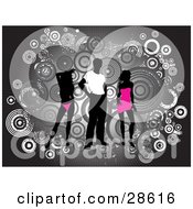 Poster, Art Print Of Black Silhouetted Man In A White Shirt Standing Between Two Silhouetted Women In Pink Clothes Over A Bursting Gray Background With Grunge Circles