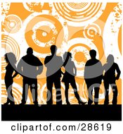 Poster, Art Print Of Group Of Six Black Silhouetted People Standing Over An Orange Background With White Grunge Circles