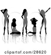 Clipart Illustration Of Five Sexy Black Silhouetted Women In High Heels Kneeling And Standing In Different Poses