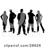 Clipart Illustration Of A Group Of Five Professional Business Colleagues Silhouetted In Black With Reflections Over White by KJ Pargeter