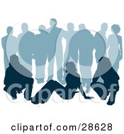 Clipart Illustration Of A Blue Silhouetted Group Of Men And Women Standing And Sitting Over White