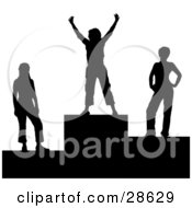 Clipart Illustration Of A Black Silhouetted First Place Winner Standing On The First Place Platform With Runners Up On The Sides by KJ Pargeter