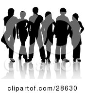 Clipart Illustration Of A Black Silhouetted Group Of Six Men And Women Standing Together