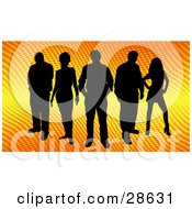 Poster, Art Print Of Group Of Five Black Silhouetted People Standing Over A Gradient Yellow And Orange Background With Dots