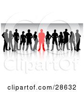 Group Of Black Silhouetted People Standing Beside A Red Person