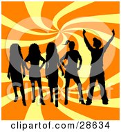 Poster, Art Print Of Group Of Five Black Silhouetted Teenagers Standing Over A Swirling Yellow And Orange Background