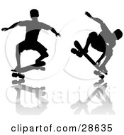 Poster, Art Print Of Black Silhouetted Skateboarders Doing Tricks Over A Reflective Surface