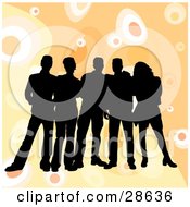 Poster, Art Print Of Group Of Five Black Silhouetted Friends Standing Over A Retro Orange Background With Circles