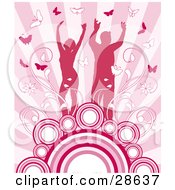 Happy Silhouetted Couple Surrounded By Vines And Butterflies Standing On Circles On A Background Of Pink Rays