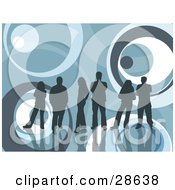 Clipart Illustration Of A Group Of Blue Silhouetted People Standing With Reflections Over A Blue Retro Background With Circle Patterns