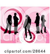 Clipart Illustration Of A Group Of Five Black Silhouetted People Standing Over A Retro Pink Background With Circle Designs