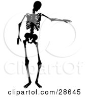 Clipart Illustration Of A Black Silhouetted Skeleton Holding One Arm Out To The Side