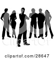 Clipart Illustration Of A Black Silhouetted Group Of Six Adults Standing Together