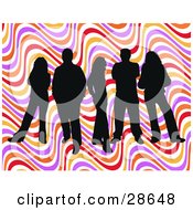 Poster, Art Print Of Group Of Five Black Silhouetted People Standing Over A Colorful Wavy Retro Background