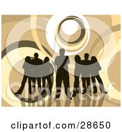 Clipart Illustration Of A Group Of Five Dark Brown Silhouetted People Standing Over A Retro Brown And White Background With Circles