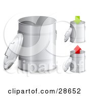 Poster, Art Print Of Set Of Three Metal Trash Cans With The Lids Off One With A Green Arrow Pointing Down And One With A Red Arrow Pointing Up