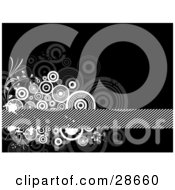 Poster, Art Print Of Cluster Of Gray And White Splatters Circles And Vines Around A Striped Bar Over A Black Background