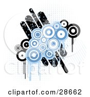 Poster, Art Print Of Cluster Of Blue And White Circles Over Black And White Circles And Lines On A White Background With Blue Dots