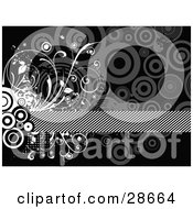 Clipart Illustration Of A Cluster Of Circles With White Vines Framing A Striped Bar Spanning Over A Black Background With Gray Circles