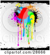 Cluster Of Red Blue Green Yellow Orange Pink And Black Paint Splatters Dripping Over A Gray And White Dotted Background With Black Grunge