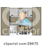 Poster, Art Print Of White Businessman Employee Working On A Computer In An Office Cubicle
