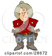 White Cowboy In A Red Shirt Standing At The Ready Prepared To Pull Both Pistils In His Belt And Shoot