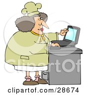 Poster, Art Print Of Chubby Female Chef In A Hat And Coat Using A Laptop Computer In A Kitchen To Browse The Internet For Good Recipes