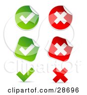 Set Of Peeling Square And Circle Green And Red Check Mark And X Mark Stickers