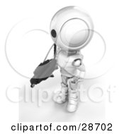 Clipart Illustration Of A White AO Maru Robot Protecting Territory With A Big Machine Gun
