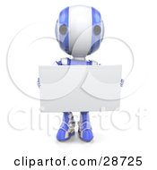 Blue Ao-Maru Robot Facing Front And Holding A Blank White Advertising Board