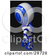Poster, Art Print Of Blue Ao-Maru Robot Looking Upwards Over His Shoulder At The Viewer On A Gradient Black Background