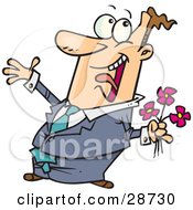 Clipart Illustration Of An Excited Caucasian Man In A Suite Holding Pink Flowers And Jumping While Preparing For A Date With His Wife Or Girlfriend