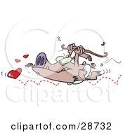 Clipart Illustration Of A Nasty Pig Cupid Surrounded By Flies Smoking A Cigar And Chasing After Hearts With A Bow