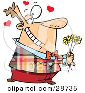 Clipart Illustration Of A Sweet Caucasian Man Holding Yellow Flowers And Gazing At His Wife Or Girlfriend With Hearts Floating Above