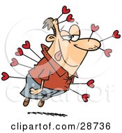 Smitten Caucasian Man With A Love Struck Look On His Face Floating And Shot Many Times With Cupids Heart Arrows