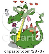 Smoking Green Dragon In Love Holding A Pink Flower And Drooling With Red Hearts Floating Above
