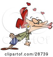 Clipart Illustration Of A Romantic Red Haired Woman Leaning Forward With Her Lips Puckered Waiting For A Kiss From Her Boyfriend Or Husband Red Hearts Above