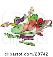 Green Female Frog With Blond Hair And Red Lips Hugging A Red Heart