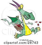 Happy Green Dragon In Love Running With A Basket Full Of Hearts Tossing Them Into The Air