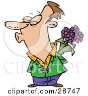 Poster, Art Print Of Sweet Caucasian Man Holding Purple Flowers Behind His Back And Puckered Up For A Kiss From His Wife Or Girlfriend