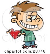 Clipart Illustration Of A Sweet Little Caucasian Boy Grinning And Holding A Red Heart Valentine For His Crush
